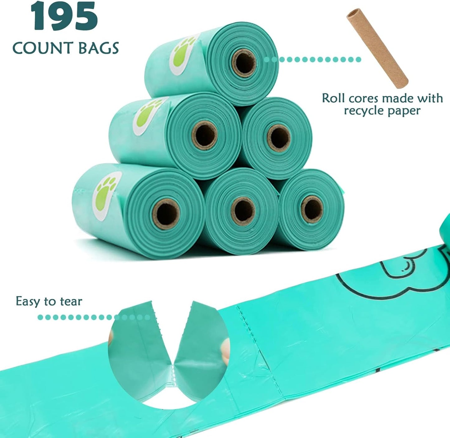 Dog Poop Pickup Bags Holder Dispenser with Standard-Sized Leak-Proof Scented Doggy Waste Bags and Carabiner with Safety Lock&Fastener Never Loose on Leash Lead Again (1 Holder 195 Bags, Beige)