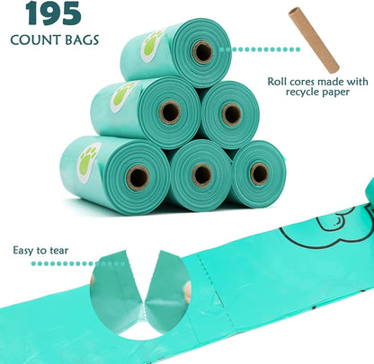 Dog Poop Pickup Bags Holder Dispenser with Standard-Sized Leak-Proof Scented Doggy Waste Bags and Carabiner with Safety Lock&Fastener Never Loose on Leash Lead Again (1 Holder 195 Bags, Beige)