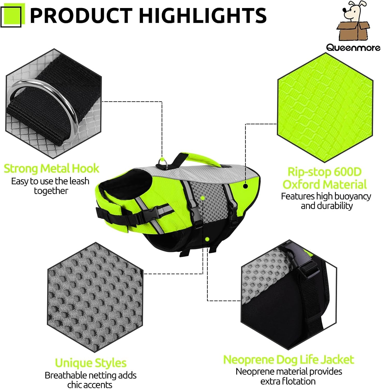 Dog Life Jacket Small Float Vests for Swimming Boating Kayaking Mediumn Puppy Dogs Cats Neoprene Life Preserver Pet Water Lifesaver Lightweight Reflective Green,L