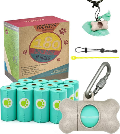 Dog Poop Pickup Bags Holder Dispenser with Standard-Sized Leak-Proof Scented Doggy Waste Bags and Carabiner with Safety Lock&Fastener Never Loose on Leash Lead Again (1 Holder 195 Bags, Beige)