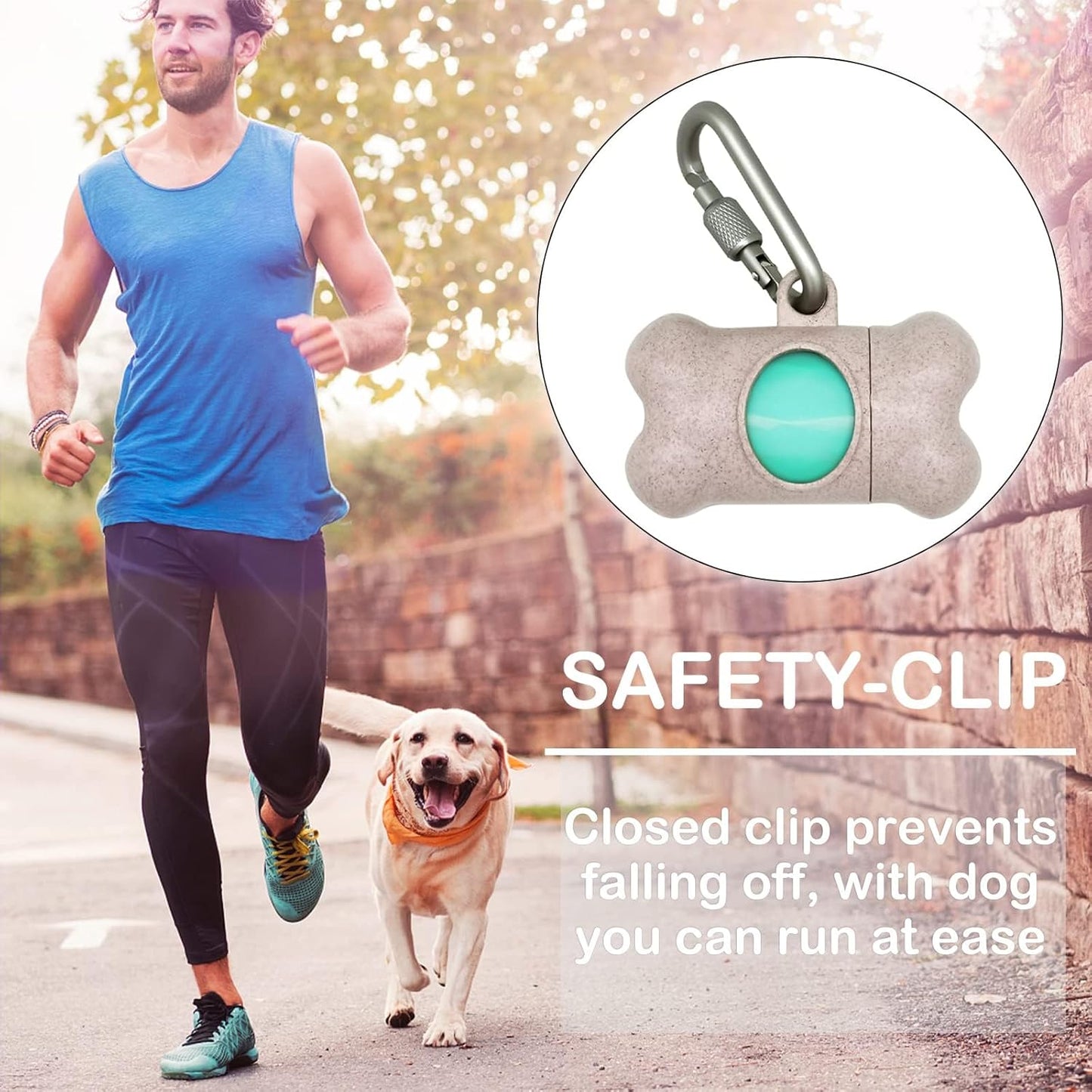 Dog Poop Pickup Bags Holder Dispenser with Standard-Sized Leak-Proof Scented Doggy Waste Bags and Carabiner with Safety Lock&Fastener Never Loose on Leash Lead Again (1 Holder 195 Bags, Beige)